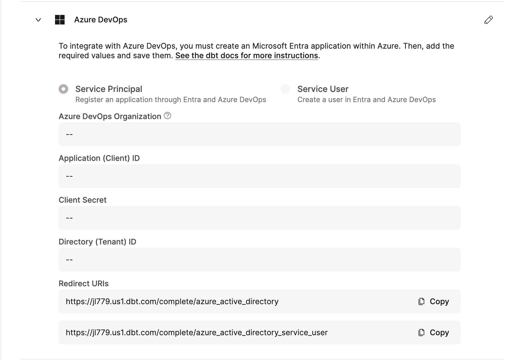 Fields for adding Entra ID app to dbt.
