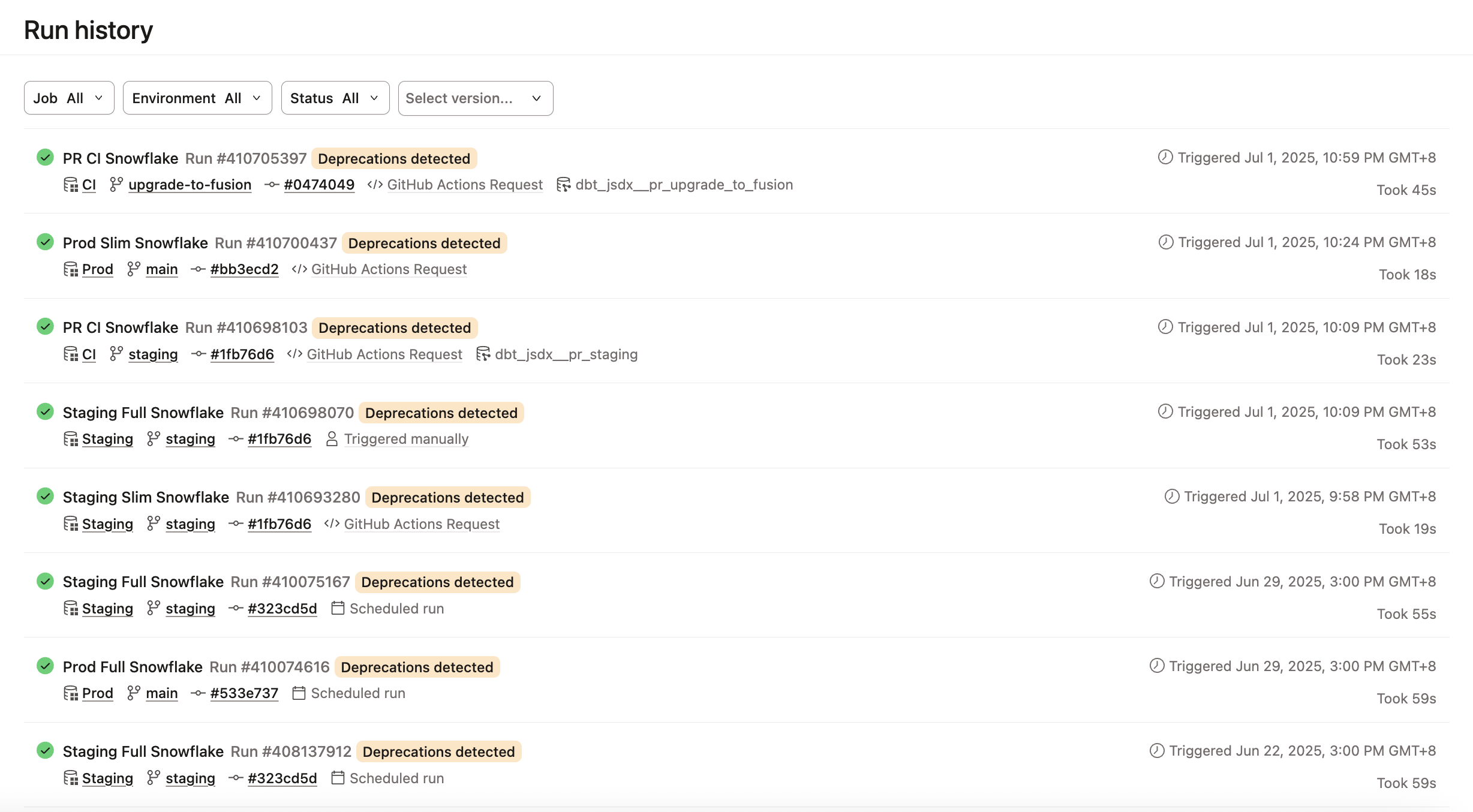 Run history dashboard allows you to monitor the health of your dbt project and displays jobs, job status, environment, timing, and more.