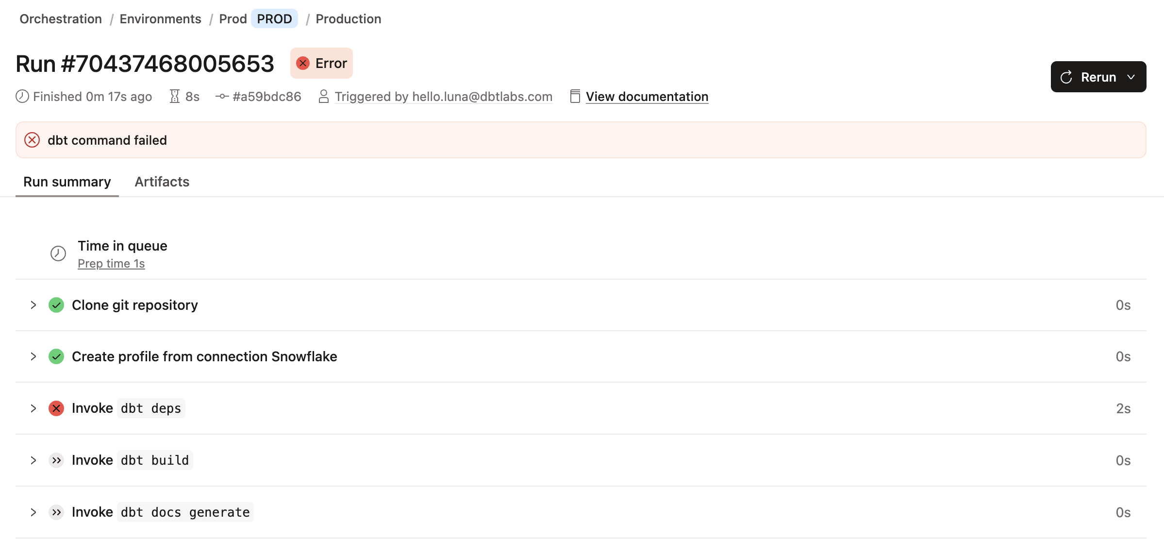 A failed job that had an error during the dbt deps run step. A failed job that had an error during the dbt deps run step.